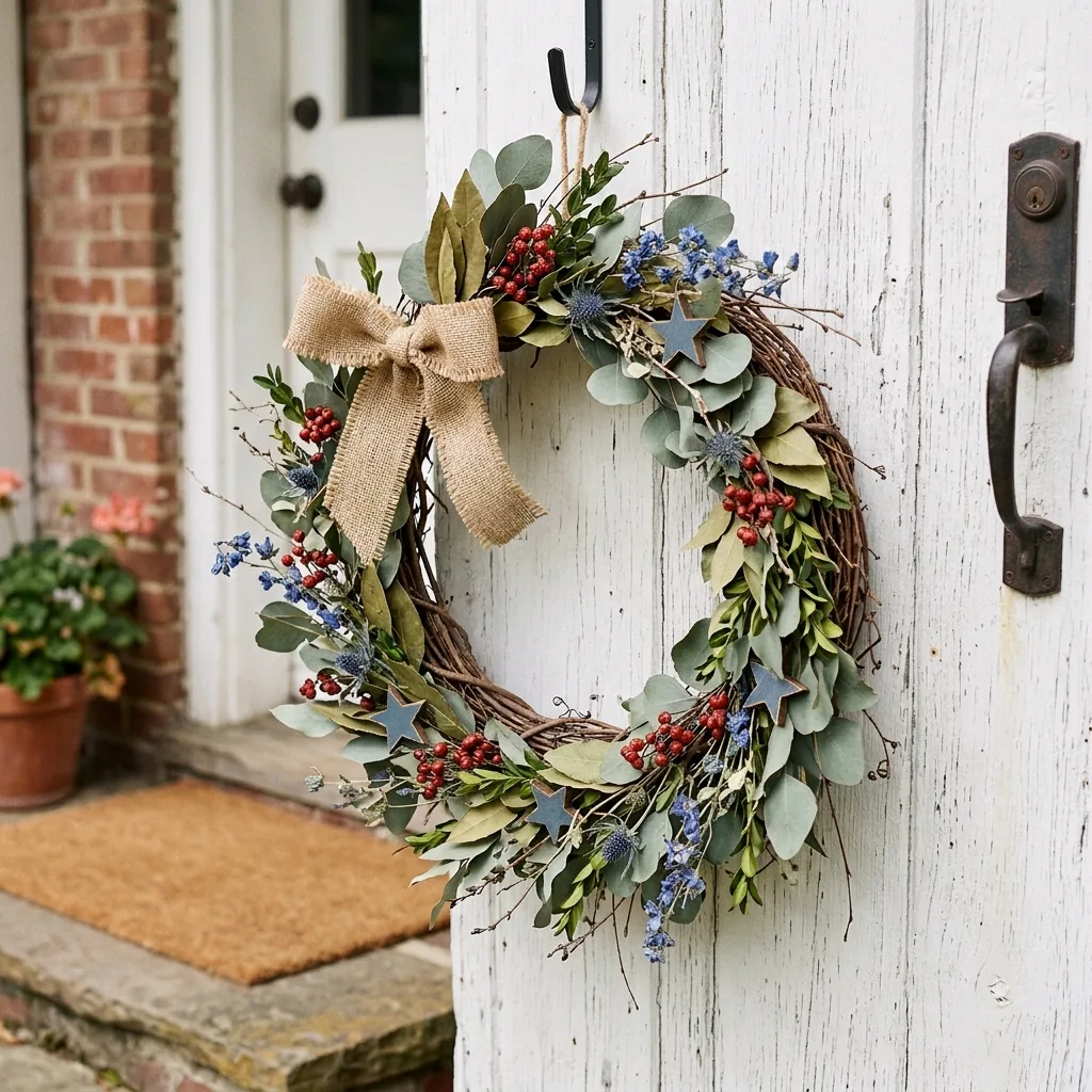 Minimal rustic patriotic wreath with subtle accents